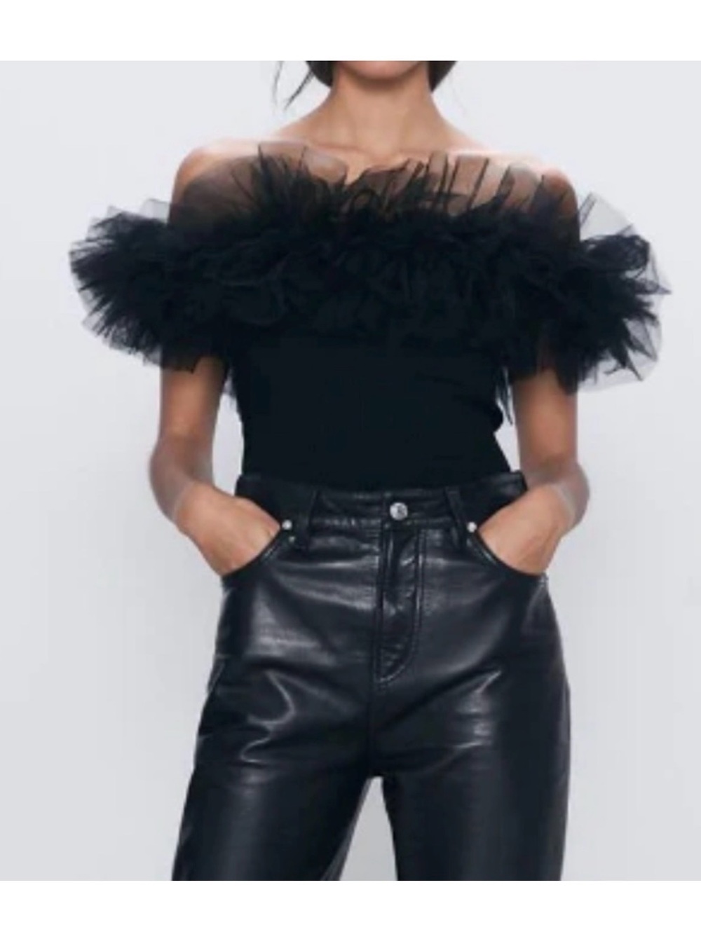 Klesis Off-Shoulder Black Tulle Ruffle Top size M NWT